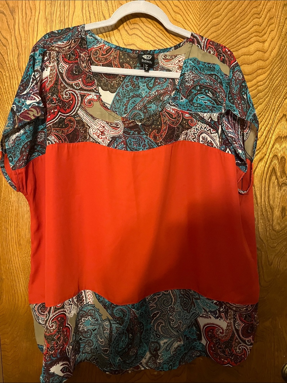 1X bobeau Orange Colorblock Paisley Short-Sleeve Blouse